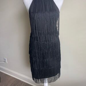 Black knee height backless dress
